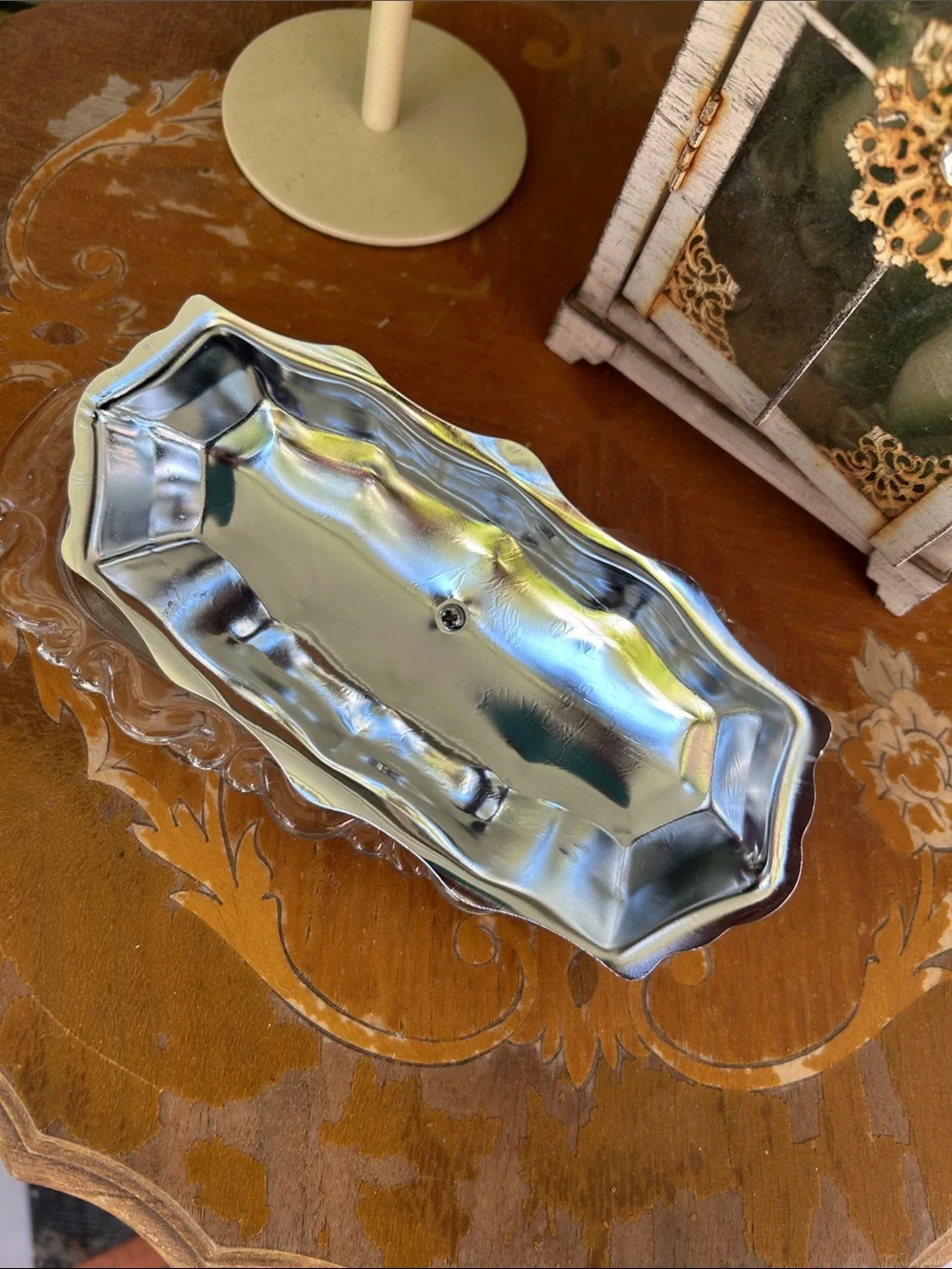 Vintage Silver Metal Covered Glass Butter Dish